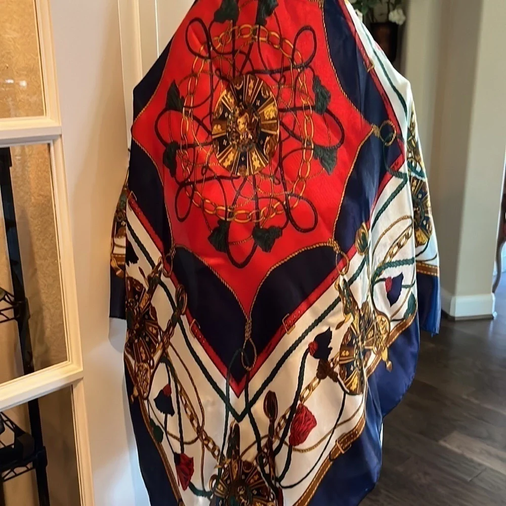 Scarf Green Navy Blue Red Gold Vintage 36” x 36” Soft Luxury Colors